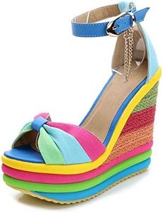 SaraIris Sandals for Women Gladiator Ankle Strap High Heel Platform Shoes Wedge Rainbow Sandals for Women Blue