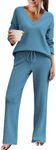 Ekouaer Pajamas for Women 2 Piece Lounge Set Fuzzy Fleece Long Sleeve Pullover Sweater Top Wide Leg Pants Set Outfits Blue,X-Large