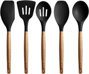 BS PACKAGING Kitchen Utensils Set, 5 Pcs Non-Stick Silicone Kitchen Cooking Utensils With Wooden Handle, Kitchen Spatula Cookware Utensils Set, Heat Resistant Silicone Kitchen Gadgets (Black, 5)