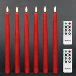 Rhytsing 29cm Flameless Taper Candles with Timer, Battery Operated Dinner Table Long Candlestick Rustic Wax, Warm White LED, 2 Remotes Included - Set of 6 (Red)