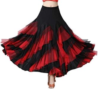 CISMARK Elegant Ballroom Latin Dance Party Long Swing Tiered Skirt for Women, Black Red, One Size