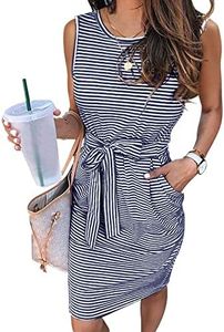 MEROKEETY Womens Summer Sleeveless Striped T Shirt Dress Casual Crew Neck Tie Waist Mini Dresses, Navy, Medium