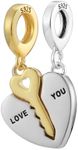 2pc Love You Heart Key Matching Couples BFF 925 Sterling Silver Charm Bead For Pandora & Similar Charm Bracelets or Necklaces, Silver, No Gemstone