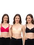 CEE 18 Women's Cotton Lightly Padded Wirefree T-Shirt Bra (9202_32_Pink, Black, Skin_32B)