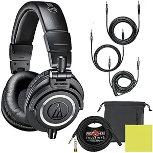 Audio Technica ATH-M50X Professional Studio Monitor Headphones Black Bundle with Pig hog 25ft Extension Cable & Liquid Polishing Cloth with Detachable Cable