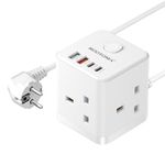 UK to European Plug Adapter with 1.5M Extension Cable 3 Way 3 Fast Charging USB (QC3.0/PD20W) Compact Cube Type E/F Travel Adapter for Germany France Spain Poland Greece Netherlands etc.