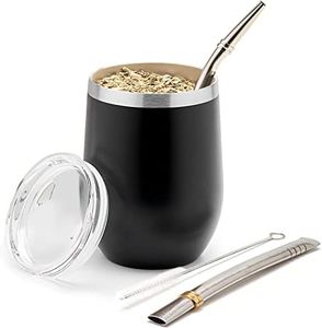 BALIBETOV Modern Mate Cup and Bombilla Set (Yerba Mate Cup) -Yerba Mate Set Includes Double Walled 18/8 Stainless Steel Mate Tea Cup, Two Bombilla Mate (Straw) and a Cleaning Brush (12 oz, Black)