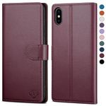 SkyDuck for iPhone X/XS/10 5.8" case Leather Flip,for iPhone X case with [RFID Blocking][Credit Card Holder] with 1 Tempered Glass Screen Protector,Cover Women Men for iPhone XS case Wine Red