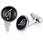 HONEY BEAR Initial Alphabet Letter Cufflinks for Men, Black Round Shape Stainless Steel Wedding Business Cufflinks A - Z (T)