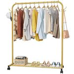 Clothes Rail, Portable Clothes Rack with Hook and Metal Storage Shelf, Heavy Duty Clothes Rail on Wheels, Clothing Rail Clothes Rails for Bedroom, Hanging Rails for Clothes, Holds up to 40 kg, Golden