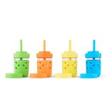 Elk and Friends Kids & Toddler Cups | The Original Glass Mason Jars 8 oz with Silicone Sleeves & Silicone Straws with Stoppers | Smoothie Cups | Spill Proof Sippy Cups for Toddlers - Green/Orange/Blue/Yellow (4 Pack - Sleeve)