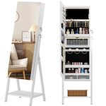 soges Free Standing Jewelry Cabinet Armoire with Storage Shelf, Lockable Jewelry Organizer Cabinet, Full Length Mirror Cabinet Jewelry Chest, Full Mirror Jewelry Holders, White, 10QHXF6252WH-CA