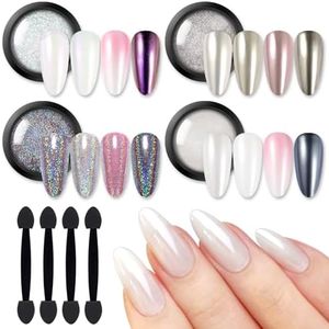 BORN PRETTY Chrome Nail Powder,White Pearl Metallic Mirror Holographic Chrome Powder for Nails,Pearl Glitter Pigment Dust Kit Nail Art Decoration Sets