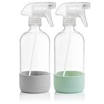 Vine Creations Clear Glass Spray Bottles with Silicone Sleeve, 16oz Refillable Empty Bottle for Cleaning Solutions, Water Sprayer, Essential Oils, Plants Mister, 2 Pack (Pastel Green & Alaskan Gray)