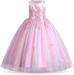 IBTOM CASTLE Girls Flower Vintage Lace Princess Long Dress for Kids Tulle Pageant Formal Party Wedding Floor Dance Evening Gown, Rainbow Pink-applique, 13-14 Years