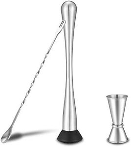 Stainless Steel Muddler for Cocktails,Mixing Spoon and Measuring Jigger,Professional Bar Tools,10-inch Bar Muddler for Making Mojitos,Margaritas and Other Fruit Based Drinks.