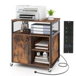 COSTWAY Mobile File Cabinet, Lateral Stationery Storage Cabinet with Charging Station and Cable Management Hole, Home Office Rolling Printer Stand Side Filing Cupboard Document Organiser Unit (Brown)