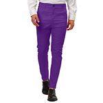 Mens Solid Color Formal Suit Trousers - Slim Fit Casual Business Office Work Smart Dress Pants - Straight Leg Flat Front Pockets Waist - Classic Fit Wrinkle Resistant Fashion Flat Front Pant Purple