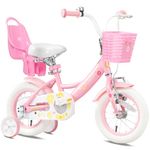 Glerc Maggie 14 Inch Girls Bike Ages 2 3 4 5 6 7 Years Old Kids Bicycle Princess Style with Doll-Seat & Basket & Training Wheels & Bell for Birthday, Pink & White