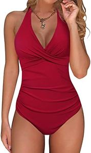 Voqeen Traje de Baño de Una Pieza Mujer Control de Barriga Fruncido Bañador Halter Cuello en V Push Up Traje de baño Acolchado Monokinis
