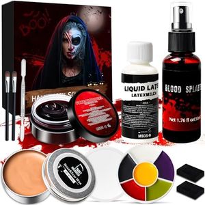 Kit Maquillaje Halloween Niños Adulto con Spray de Sangre Falsa, Pintura Cara, Cera para Cicatrices, Fake Blood Coagulada, Maquillaje Halloween Profesional para Carnaval Vampiro Zombie Clown