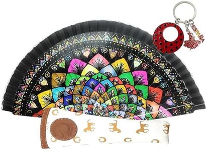 Folding Fan with Leather Cover, Printed Cotton Fabric on Wood, Mandala Fans with Magnet or Spanish Habits Keyring (Black White Border)