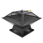 Albert Austin Outdoor Square Fire Pit and BBQ Grill Heater Camping Fire Bowl Pit Stove for Garden Portable Travel BBQ Grill Rust Resistant Steel with Heat Mesh Cover Base Tray (SQUARE SHAPE)