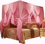 Nattey 4 Corners Post Canopy Bed Curtains for Girls Boys & Adults - 4 Opening - Bedroom Decoration (California King, Pink)