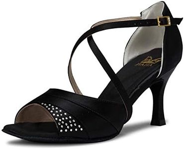 JIAJIA 20522 Women's Satin Sandals Flared Heel Latin Salsa Performance Dance Shoes Color Black,Size 10.5 B(M) US/42 EU