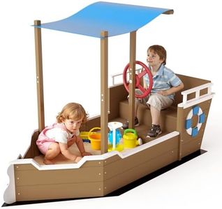 PetsCosset Kids Wooden Sandbox with Canopy, Pirate Ship Sandbox with Lid Outdoor with Steering Wheel, Built-in Seats & Storage, Bottomless Design with Liner, UV-Resistant Roof, Gift for Ages 2-8