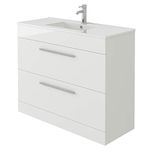 VeeBath Venus 1000 Vanity Unit, Mid Edge Wash Basin Bathroom Sink, Soft Close Drawer, Cloakroom Wall Mounted Storage Cabinet- White (Assembled)