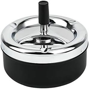 Round Push Down Ashtray with Spinning Tray Metal Cigarette Ash Tray Large 5.2 Inches Home Ashtray for Outside Patio - Black