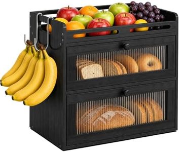 Bread Box for Kitchen Countertop, 2-Tier Bamboo Storage with Raised Shelf | Black, Large Bread Container, 2 Banana Hooks, Acrylic Window, Rear Vents, Counter Organizer for Pantry, Fruit, Jars & Snacks