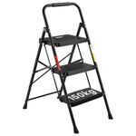 BONTEC 3 Step Ladder, Folding Steel Step Stool with Wide Anti-Slip Pedals and Sponge Handle, Capacity 150kg, Lightweight Portable Stepladder, Foldable Small Ladder for Home Kitchen Office, Black