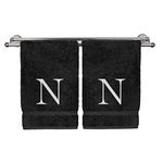 Monogrammed Hand Towel, Personalized Gift, Set of 2- White Block Letter Embroidered Towel - Extra Absorbent 100% Turkish Cotton - Soft Terry Finish - Initial N Black