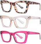 bullabulling 3 pack Oprah style Spring hinge Readers Blue Light Blocking Computer Square Reading Glasses for Women Men (flowers/tea/rose, 3.0)
