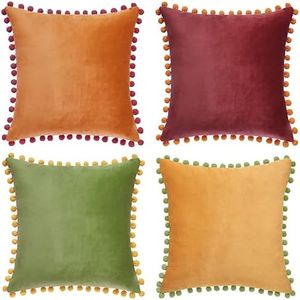 MONDAY MOOSE Decorative Throw Pillow Covers Cushion Cases, Set of 4 Soft Velvet Pom Poms Double-Sided Designs, Mix and Match for Home Decor, Pillow Inserts Not Included (18x18 inch, Yellow/Green)