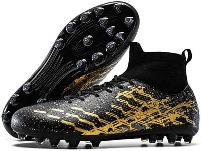 LSIDORYC Unisex Soccer Cleats, Lightweight Football Shoes with Bootie Construction & Ankle Protection, Breathable Multi-Terrain Outdoor Footwear for Men Women, for Training & Match Black Gold US 10