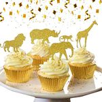 JeVenis Gold Glitter Jungle Safari Animal Cupcake Toppers Jungle Animals Cake Decorations Lion Rhino Elephant and Giraffe Cupcake Toppers