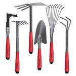 FLORA GUARD 6 Piece Garden Tool Sets - Including Trowel,5-Teeth rake,9-Teeth Leaf rake,Double Hoe 3 prongs, Cultivator, Weeder, Gardening Hand Tools with High Carbon Steel Heads