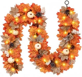 Luxspire 6 FT Fall Garland with Lights, Fall Leaves Garland with Lights & Pumpkin Wreaths Maple Leaves Pinecones, Fall Decorations for Home Mantle Fireplace Door Porch Decor