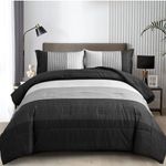 WONGS BEDDING Black Comforter Set Queen, Reversible Black Grey Stripe Down Alternative Comforter for All Season,3 Pieces(1 Patchwork Comforter+2 Pillowcases), Soft Microfiber Bedding Set 90"×90"