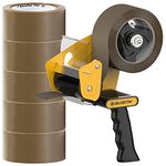 BLOSTM Tape Gun & Strong Packing Tape 6pcs - Brown Parcel Tape Dispenser for Packing Boxes - With 6 Rolls Of Brown Packing Tape Strong for Moving House, Sealing Parcel Boxes, Packaging (Brown)