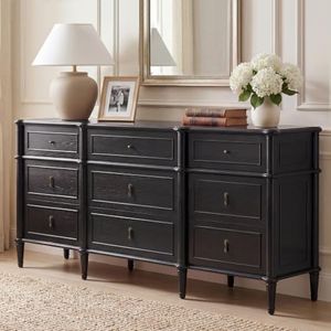 STO'SENSE 63" 9-Drawer Wooden Dresser for Bedroom w/Power Outlet,Traditional Chest of Drawers w/Vintage Pulls, Solid Wood Tapered Legs,Rustic Wood Finish, Long Farmhouse Dresser TV Stand, Black