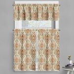 Ambesonne Exotic Valance & Tier Curtain 3 pcs Set, Vintage and Exotic Damask Motifs on Vertical Striped Print Background, Window Treatments for Kitchen Room Decor, 55" x 24", Fawn Burnt Orange Beige