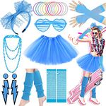 Ronilp 80s Fancy Dress For Women,1980s Fancy Party Blue Costume Accessories Set, Tutu Skirt Leg Warmers Necklace Bracelets Fishnet Gloves 80s Lace Bow Headband Earrings Sunglasses