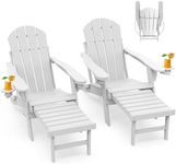 GREENVINES Adirondack-Chairs-with-Ottoman | Set of 2 | Folding | Retractable-Footrest | HDPE Plastic | All Weather Fire Pit Chair | Cup Holders | White | for Outdoor Poolside