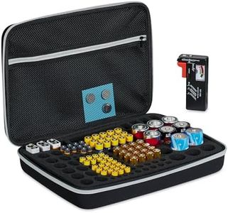 Relaxdays Organizador de Pilas con Comprobador, Portapilas y Tester, para 134 Baterías de Tipo AA, AAA, C, D & 9V, Negro, Poliéster, 24 x 34 x 8 cm