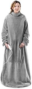 Navaris Electric Blanket with Sleeves - Adult Heated Wearable Soft Plush Fleece Throw with Adjustable Heat and Auto Shut Off Timer - Grey w/Pocket