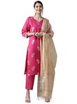 INDO ERA Women's Chanderi Cotton Embroidered Straight Kurta with Pant & Dupatta Set (Pink_KH9PK8053_XX-Large)